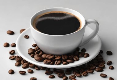 Bir fincan kahve, etrafında kahve tohumu, V8.