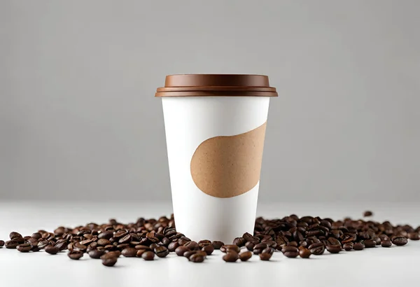 Paper coffee cup mockup for logo and design with gray background, v24