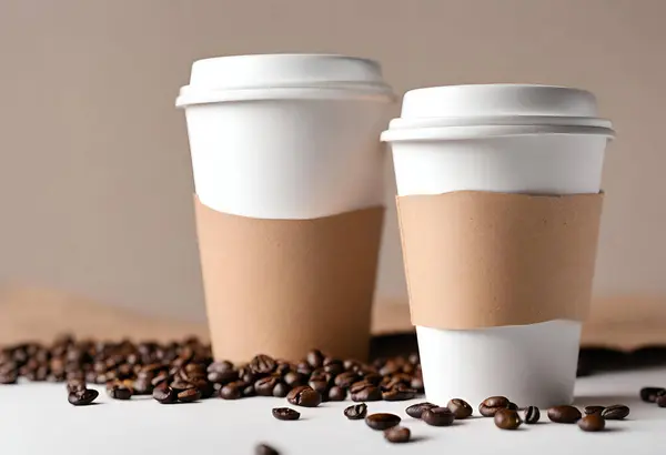 Paper coffee cup mockup for logo and design with gray background, v21