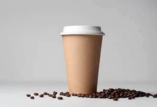 Paper coffee cup mockup for logo and design with gray background, v18