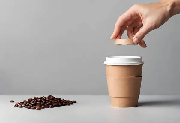 Paper coffee cup mockup for logo and design with gray background, v13