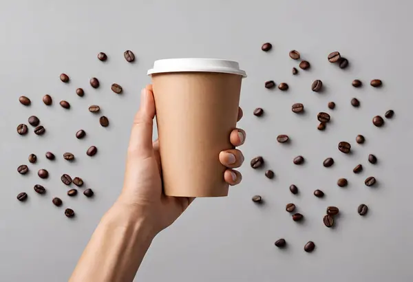 Paper coffee cup mockup for logo and design with gray background, v11