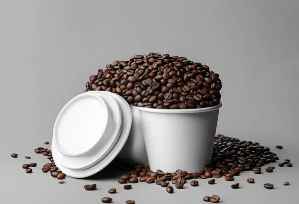 Paper coffee cup mockup for logo and design with gray background, v4