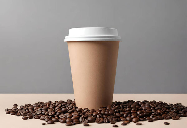Paper coffee cup mockup for logo and design with gray background, v3