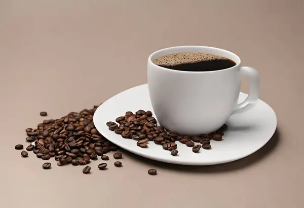 Cup of coffee, with coffee seeds around, v12