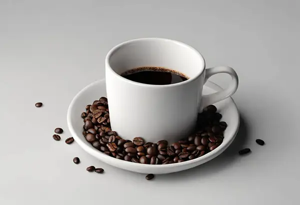 Cup of coffee, with coffee seeds around, v2