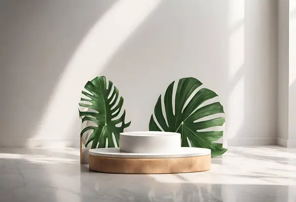 Natural wood podium with green palm leaf in white and greenmarble interior with sunlight and shadow. Showcase for cosmetic products, goods, shoes, bags. v6
