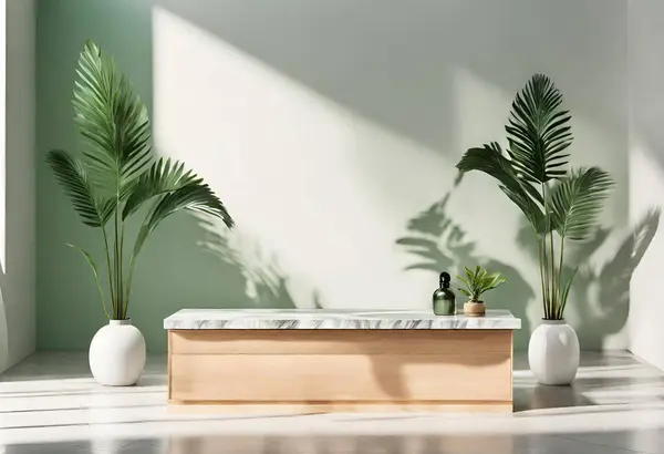 Natural wood podium with green palm leaf in white and greenmarble interior with sunlight and shadow. Showcase for cosmetic products, goods, shoes, bags. v5
