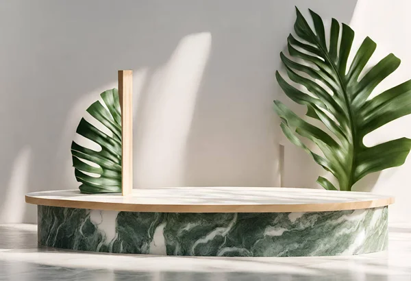 Natural wood podium with green palm leaf in white and greenmarble interior with sunlight and shadow. Showcase for cosmetic products, goods, shoes, bags. v1