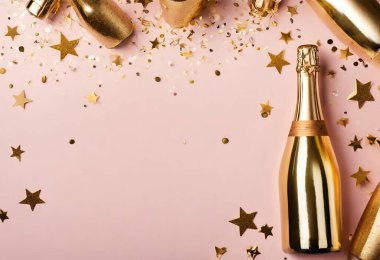 Altın konfetiyle noel şampanyası şişesi, pembe arka planda konfeti ve altın yıldızlar, yeni yıl partisi, en iyi manzara v1