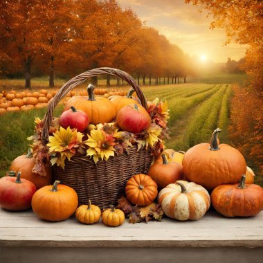 Hasır sepetin içinde balkabakları ve balkabaklarıyla sonbahar kompozisyonu. Şükran Günü ve Cadılar Bayramı konsepti v1