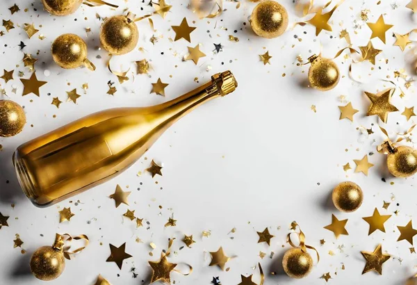 champagne bottle with gold stars on a white background with confetti. flat lay. top view v1.