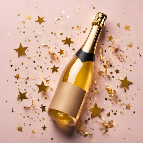 champagne bottle with gold confetti on pink background. christmas and new year concept. v1