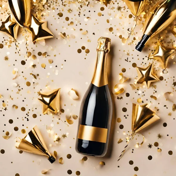 champagne bottle with golden and black ribbon, confetti and christmas decorations on a black background. 3 d illustration v1