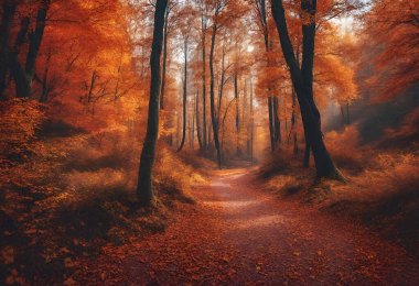 Ağaçlı ve yapraklı sonbahar manzarası