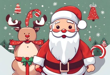 Noel Baba ve ren geyikleriyle Noel tebrik kartı.