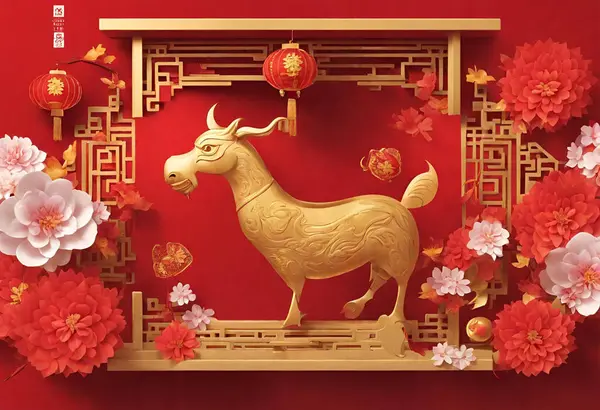 3 d chinese new year paper cut design of ox with flower and chinese lantern, chinese new year, happy chinese new year, translation : happy