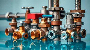 Yansıtıcı yüzeydeki metal borular ve valfler