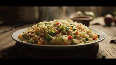 Ahşap bir masada taze pişmiş pirinç tabağının yakın çekimi, buhar yükseliyor, sıcak aydınlatma efektleri