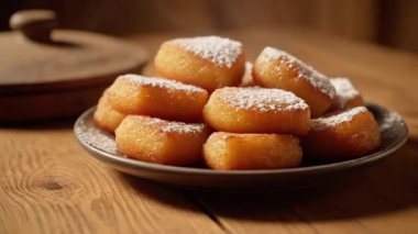 Tahta bir masada gri bir tabakta toz şekerle tozlanmış lezzetli altın çörekler duruyor.