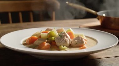 Havuçlu ve kerevizli bir kase tavuk güveci ahşap bir masanın üzerinde beyaz bir tabakta oturur.