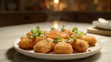 Bir tabak altın kızartma sosu ve mermer bir yüzeyde taze yeşil garnitür sunulur.