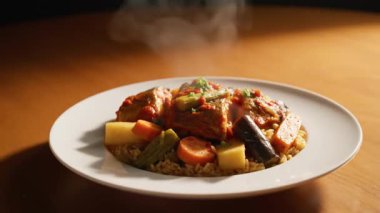 Etten, patatesten, havuçtan ve patlıcandan oluşan dumanı tüten bir tabak tahta bir masa yüzeyinde oturur.