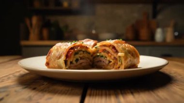 Beyaz bir tabakta dilimlenmiş meyveli turtanın yakın plan görüntüsü, kapalı bir ortamda, ahşap bir masa üzerine yerleştirilmiş.