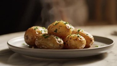 Bir tabak haşlanmış patates ve otlar öğle veya akşam yemeği için lezzetli bir meze olarak servis edilmeye hazır..
