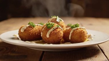 Sos serpiştirilmiş ve ahşap masada taze maydanozla süslenmiş lezzetli bir tabak arancini topları.