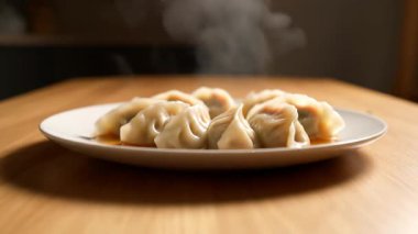 Bir tabak buharda pişmiş hamur köftesinin yakın plan fotoğrafı. Akşam yemeği için hazır.