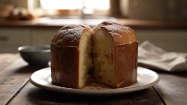 Beyaz bir tabakta dilimlenmiş bir panettone 'un yakın çekimi. Parlak bir mutfak ortamında ahşap bir masada oturuyor.
