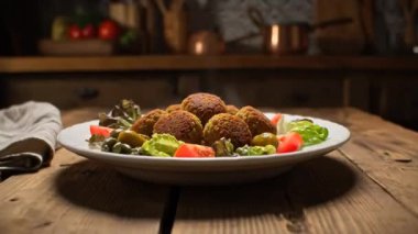 Sıcak bir mutfak ortamında, ahşap bir masada taze sebzeli nefis bir tabak falafel.