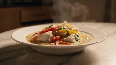 Bir kase buharda pişmiş balık güveci, biber ve yeşilliklerle yakın çekim.