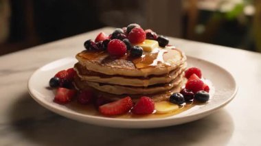 Lezzetli bir krep yığını taze böğürtlen ve şurupla kaplı, kahvaltıda eğlenmeye hazır..
