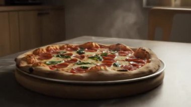 Lezzetli biberli pizza, metal tepside taze fesleğenli, sıcak ve servis edilmeye hazır.