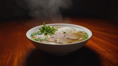 Biftek ve taze otlarla dolu dumanı tüten bir kase bu gece eğlenmeye hazır bir ahşap masada oturuyor.