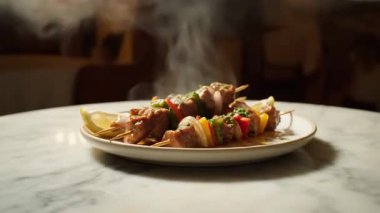 Misket masasında limon dilimleri olan et ve sebzeli enfes şişler.