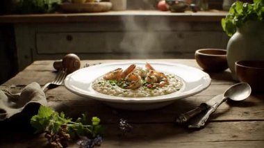 Köy ahşap masa düzeninde otlarla dolu karidesli risotto tabağı. Keyfini çıkarmaya hazır..