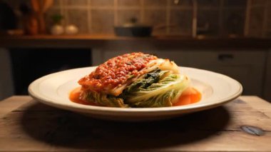 Bir tabak kimçi yakın çekim, kırsal bir ahşap masa ve sıcak bir mutfak arka plan sahnesi üzerine kurulmuş.