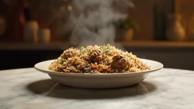 Tavuk buğulama tabağında biryani, mermer bir masada oturuyor, içeride, servis edilmeye hazır ve keyif almaya hazır..