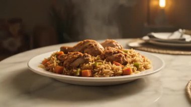 Sıcak bir odada mermer bir masada havuçlu ve yeşil biberli bir tabak tavuk ve pilav.