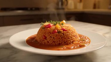 lezzetli bir tabak pirinç, buğulanmış ve sebzelerle süslenmiş, zengin bir sosla servis edilmiş..