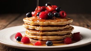 Üzeri böğürtlen ve şurupla kaplı bir yığın krep, beyaz bir tabakta, ahşap bir arka planda duruyor.