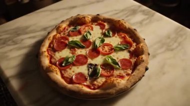 Taze domates ve fesleğenle kaplı lezzetli bir biberli pizza mermer bir yüzeyde sıcak bir ışıkta duruyor.