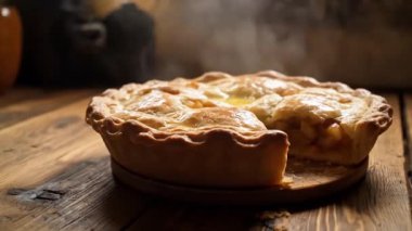 Yeni pişmiş bir elmalı turtanın yakın plan resmi. Bir dilimi eksik. Köy ahşap bir yüzeyde duruyor..