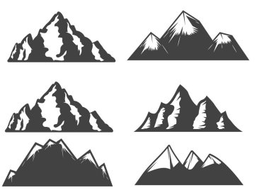 Basit dağ çizgisi ikonu vektör illüstrasyon seti, kayalık dağların siluet zirvesi