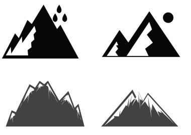 Basit dağ çizgisi ikonu vektör çizimi, kayalık dağların tepesi ve bulutlu ve güneşli dağ ikonu.