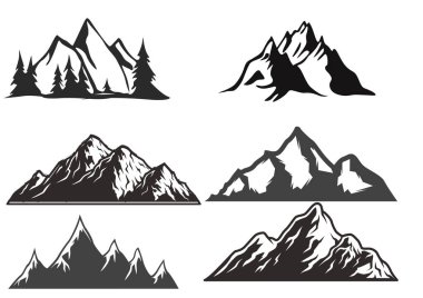 Basit dağ çizgisi ikonu vektör illüstrasyon seti, kayalık dağların siluet zirvesi