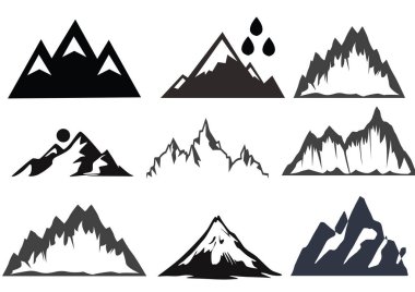 Elle çizilmiş dağlar Logo koymak. Ski Resort vektör ikonlar, dağ siluet öğeleri. İzole, Snowboarding sembolleri ve yolculuk seyahat etiketleri